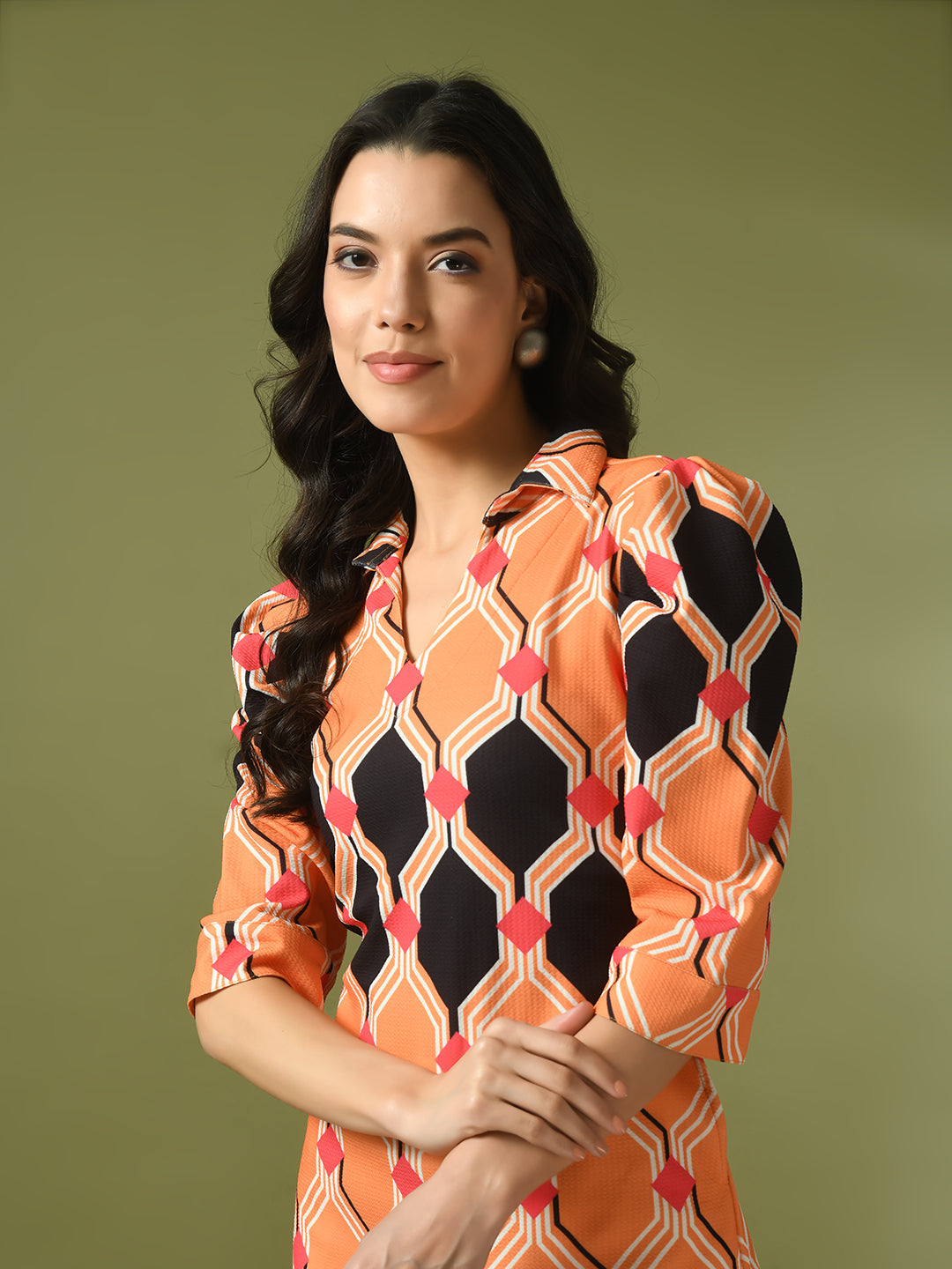Women's  Multi Printed Shirt Collar Fit And Flare Party Dress