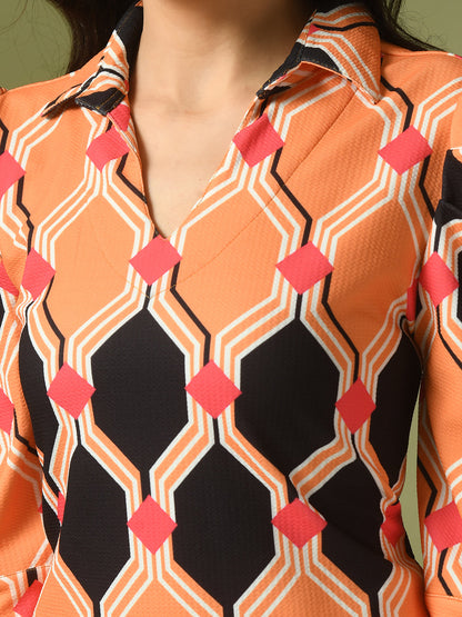 Women's  Multi Printed Shirt Collar Fit And Flare Party Dress