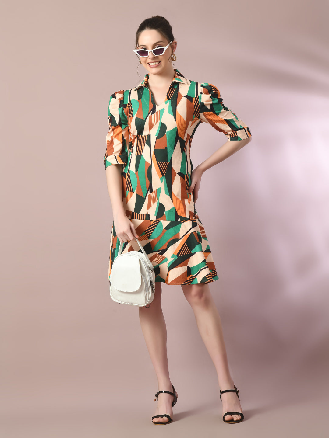 Women's  Multi Printed Shirt Collar Fit And Flare Party Dress
