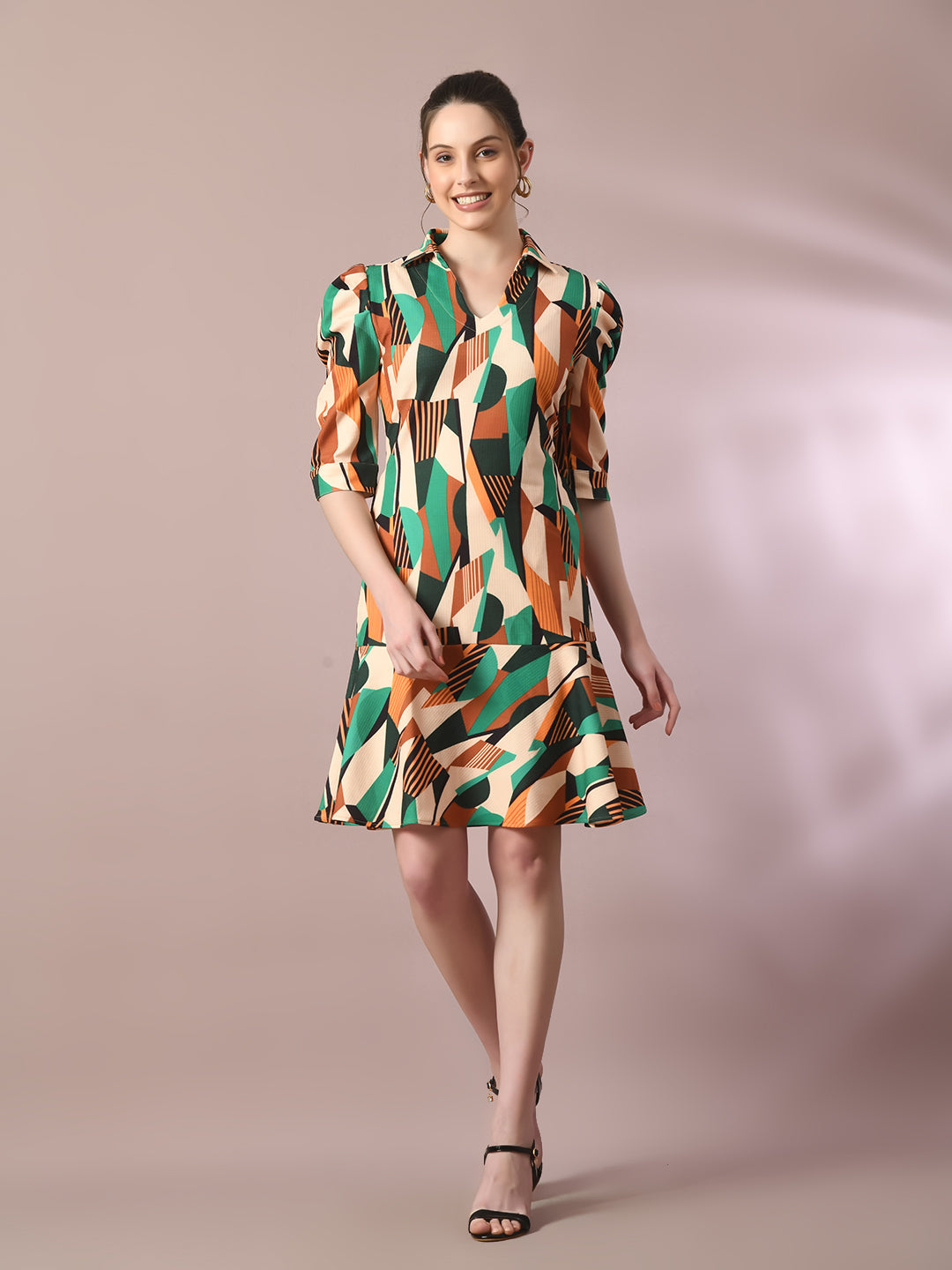 Women's  Multi Printed Shirt Collar Fit And Flare Party Dress