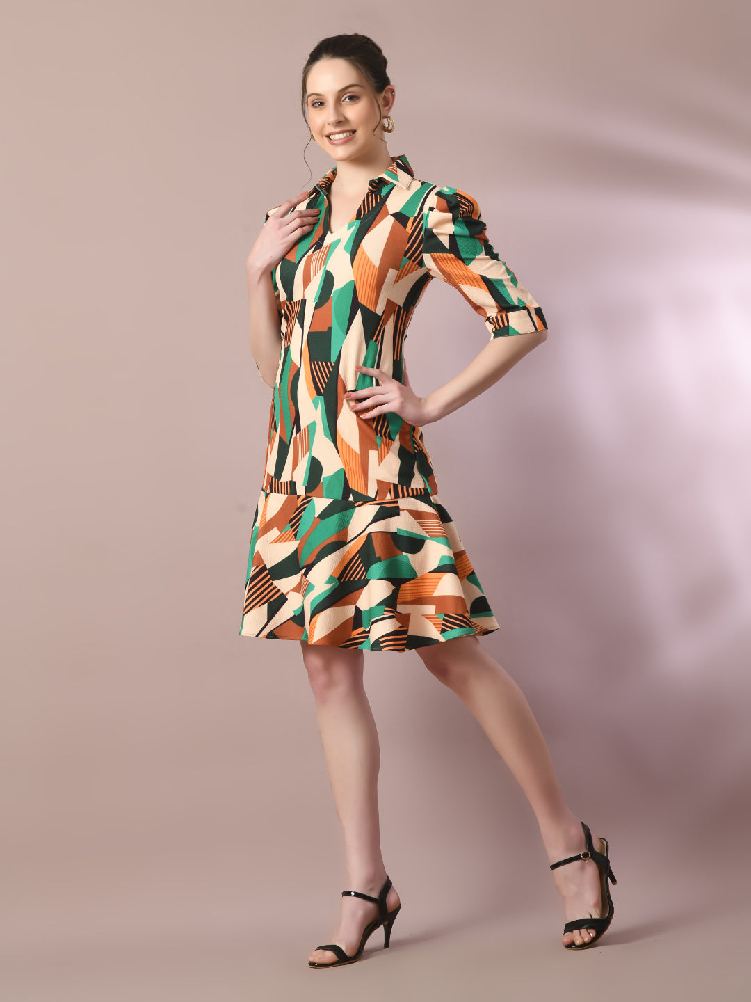 Women's  Multi Printed Shirt Collar Fit And Flare Party Dress