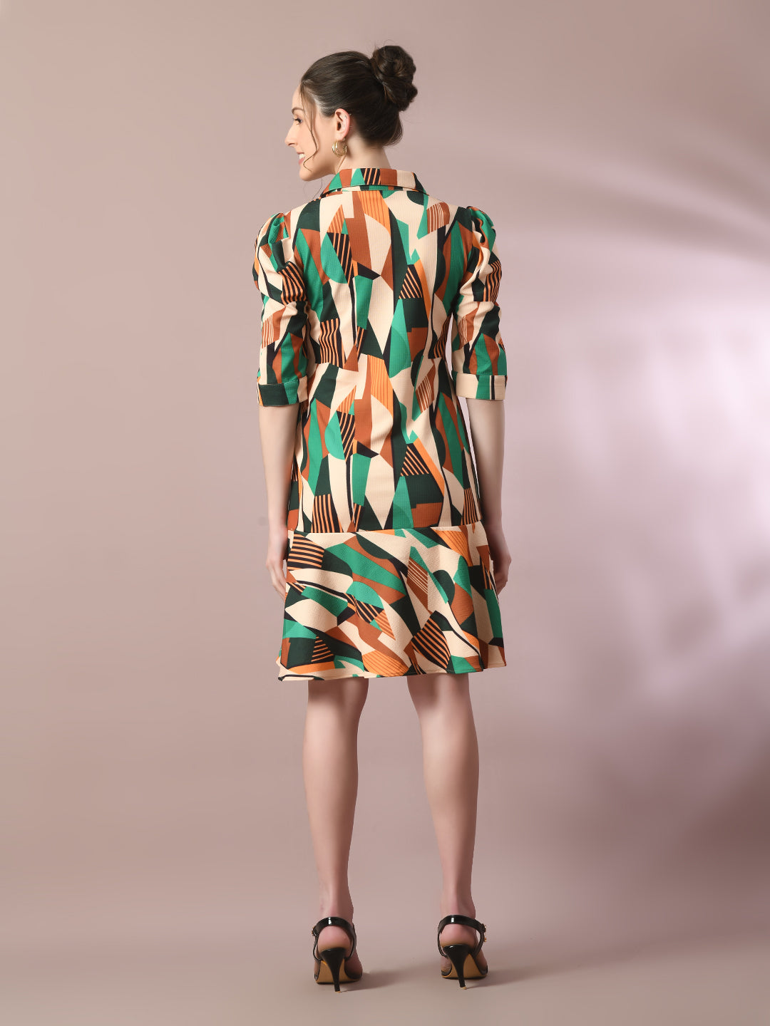 Women's  Multi Printed Shirt Collar Fit And Flare Party Dress