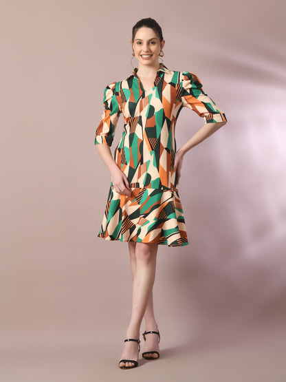 Women's  Multi Printed Shirt Collar Fit And Flare Party Dress