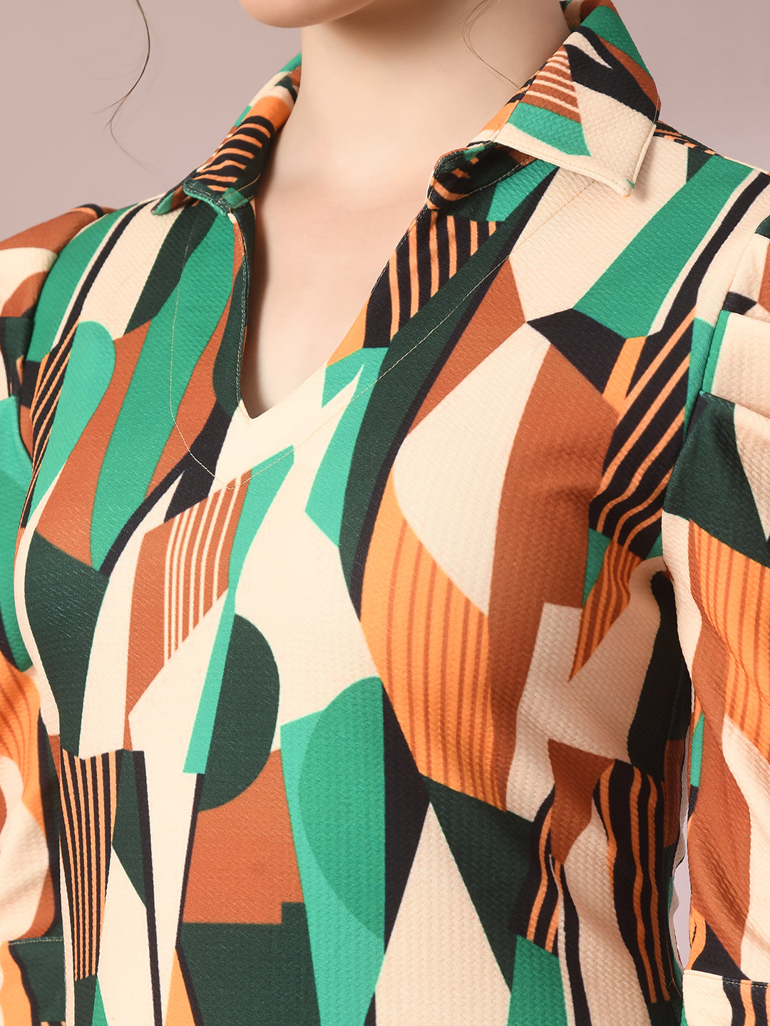 Women's  Multi Printed Shirt Collar Fit And Flare Party Dress