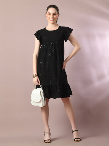 Women's  Black Embroidered Cotton Round Neck A-Line Party Dress