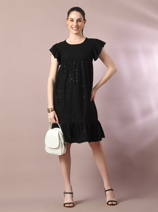 Women's  Black Embroidered Cotton Round Neck A-Line Party Dress