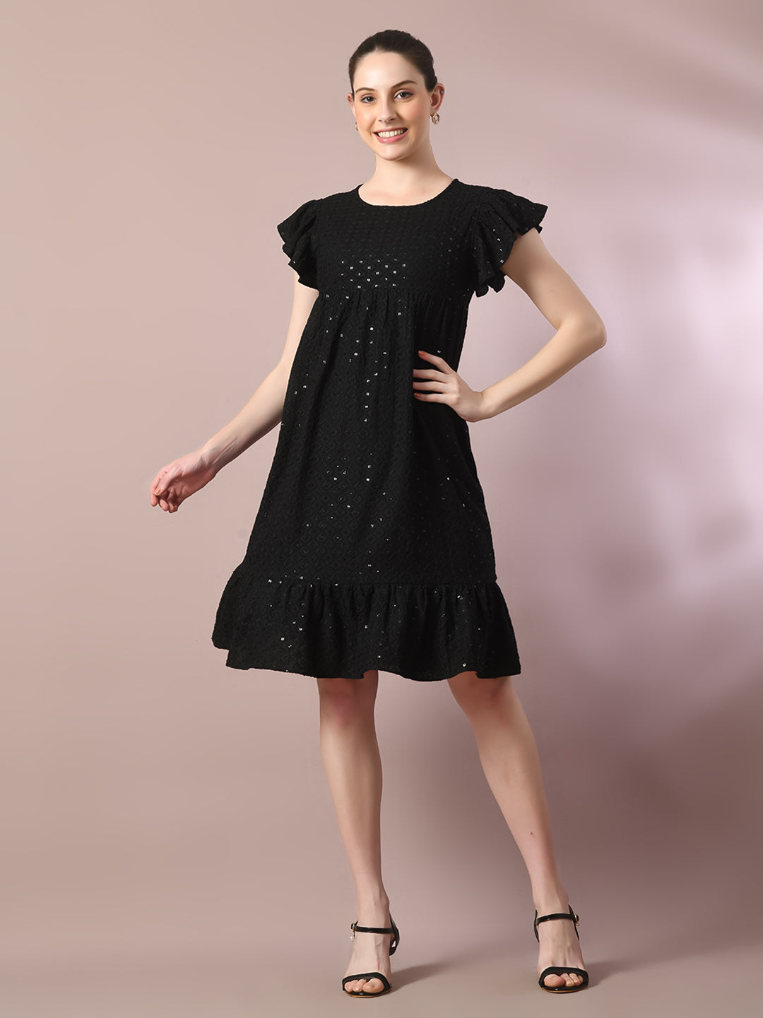 Women's  Black Embroidered Cotton Round Neck A-Line Party Dress