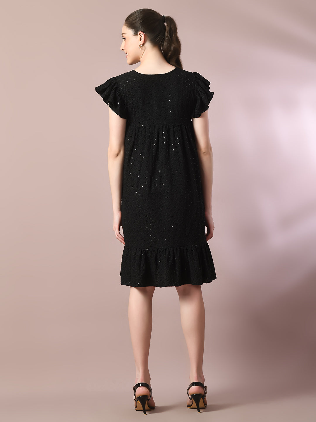 Women's  Black Embroidered Cotton Round Neck A-Line Party Dress