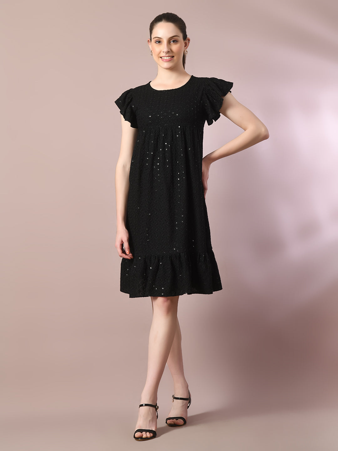Women's  Black Embroidered Cotton Round Neck A-Line Party Dress