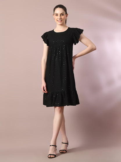 Women's  Black Embroidered Cotton Round Neck A-Line Party Dress