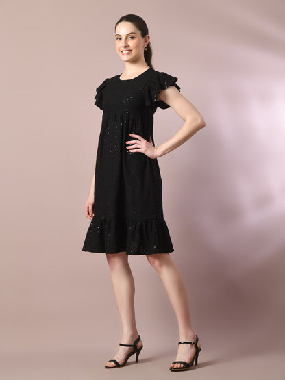 Women's  Black Embroidered Cotton Round Neck A-Line Party Dress
