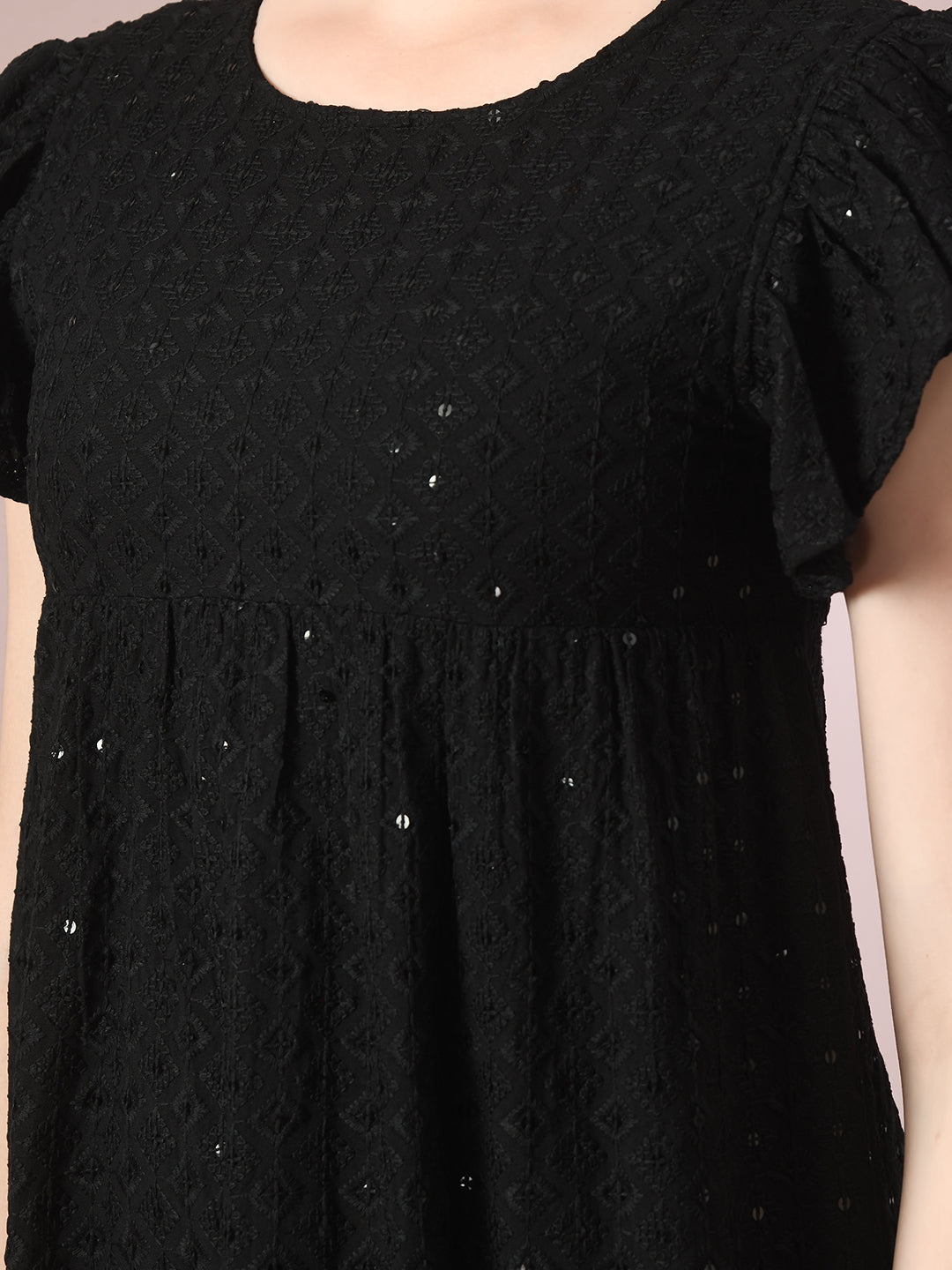 Women's  Black Embroidered Cotton Round Neck A-Line Party Dress