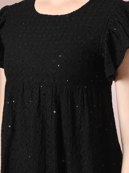 Women's  Black Embroidered Cotton Round Neck A-Line Party Dress