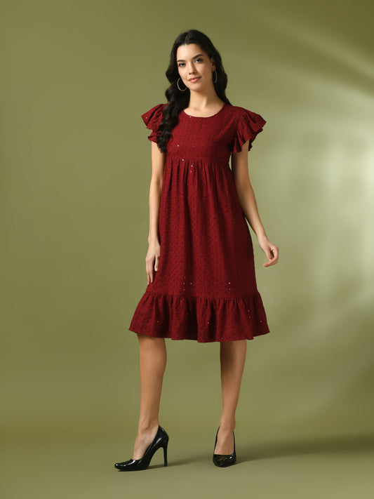 Women's  Maroon Embroidered Cotton Round Neck A-Line Party Dress