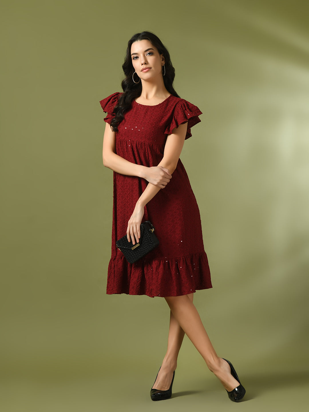 Women's  Maroon Embroidered Cotton Round Neck A-Line Party Dress