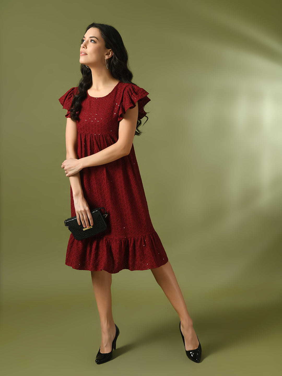 Women's  Maroon Embroidered Cotton Round Neck A-Line Party Dress