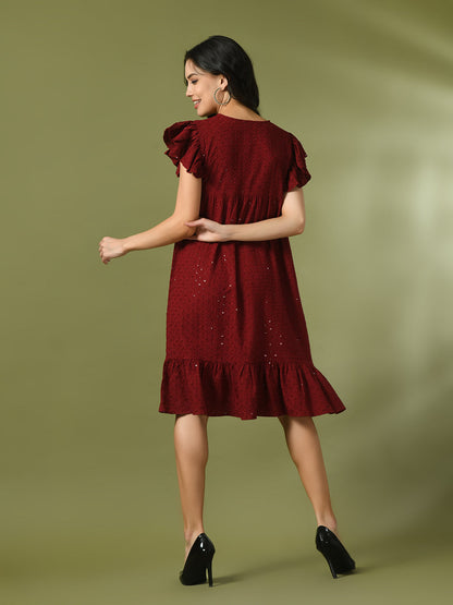 Women's  Maroon Embroidered Cotton Round Neck A-Line Party Dress
