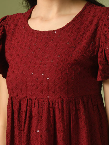 Women's  Maroon Embroidered Cotton Round Neck A-Line Party Dress