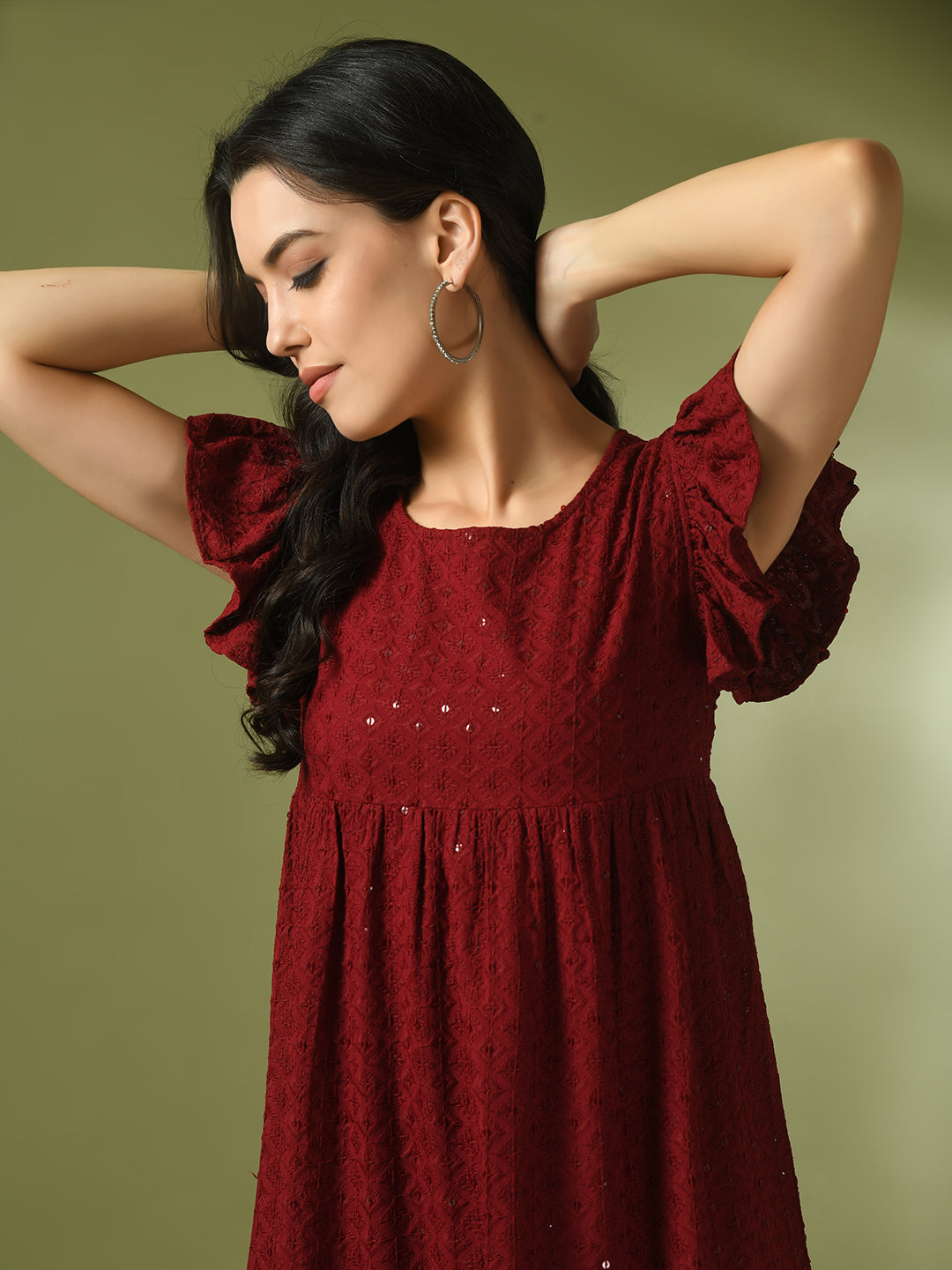 Women's  Maroon Embroidered Cotton Round Neck A-Line Party Dress