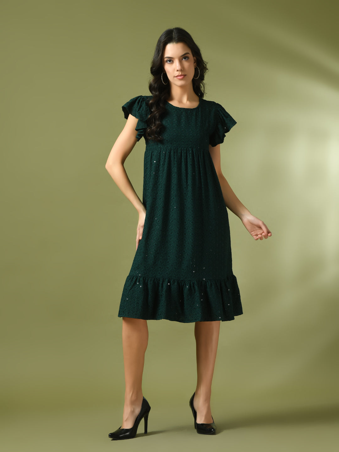 Women's  Green Embroidered Cotton Round Neck A-Line Party Dress