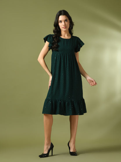 Women's  Green Embroidered Cotton Round Neck A-Line Party Dress