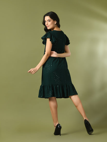 Women's  Green Embroidered Cotton Round Neck A-Line Party Dress