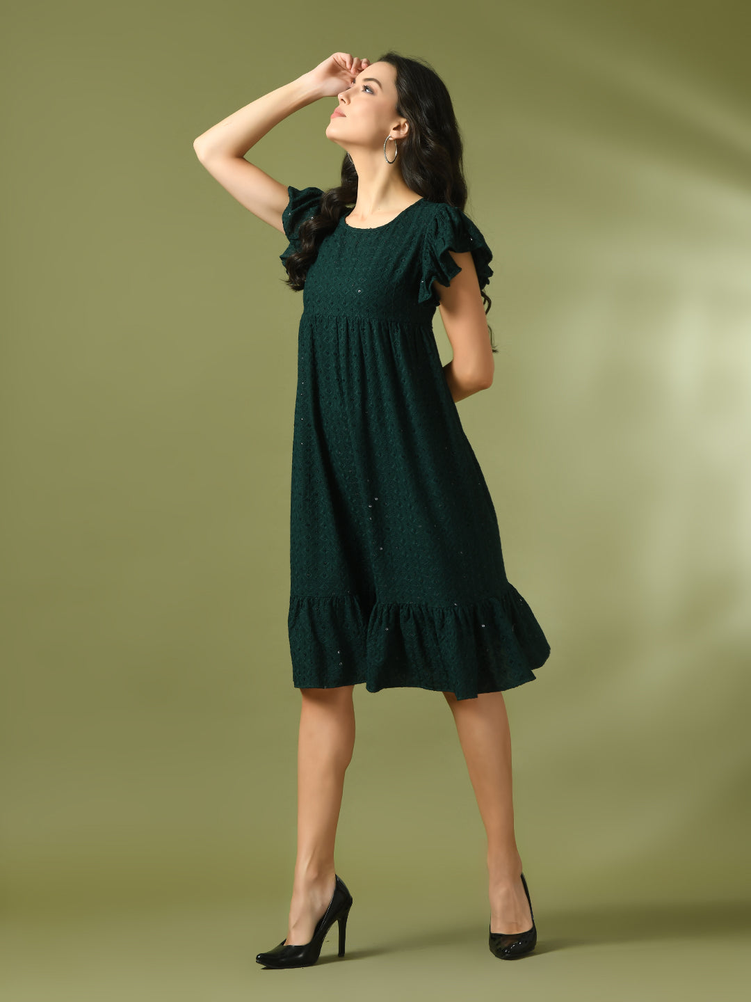 Women's  Green Embroidered Cotton Round Neck A-Line Party Dress