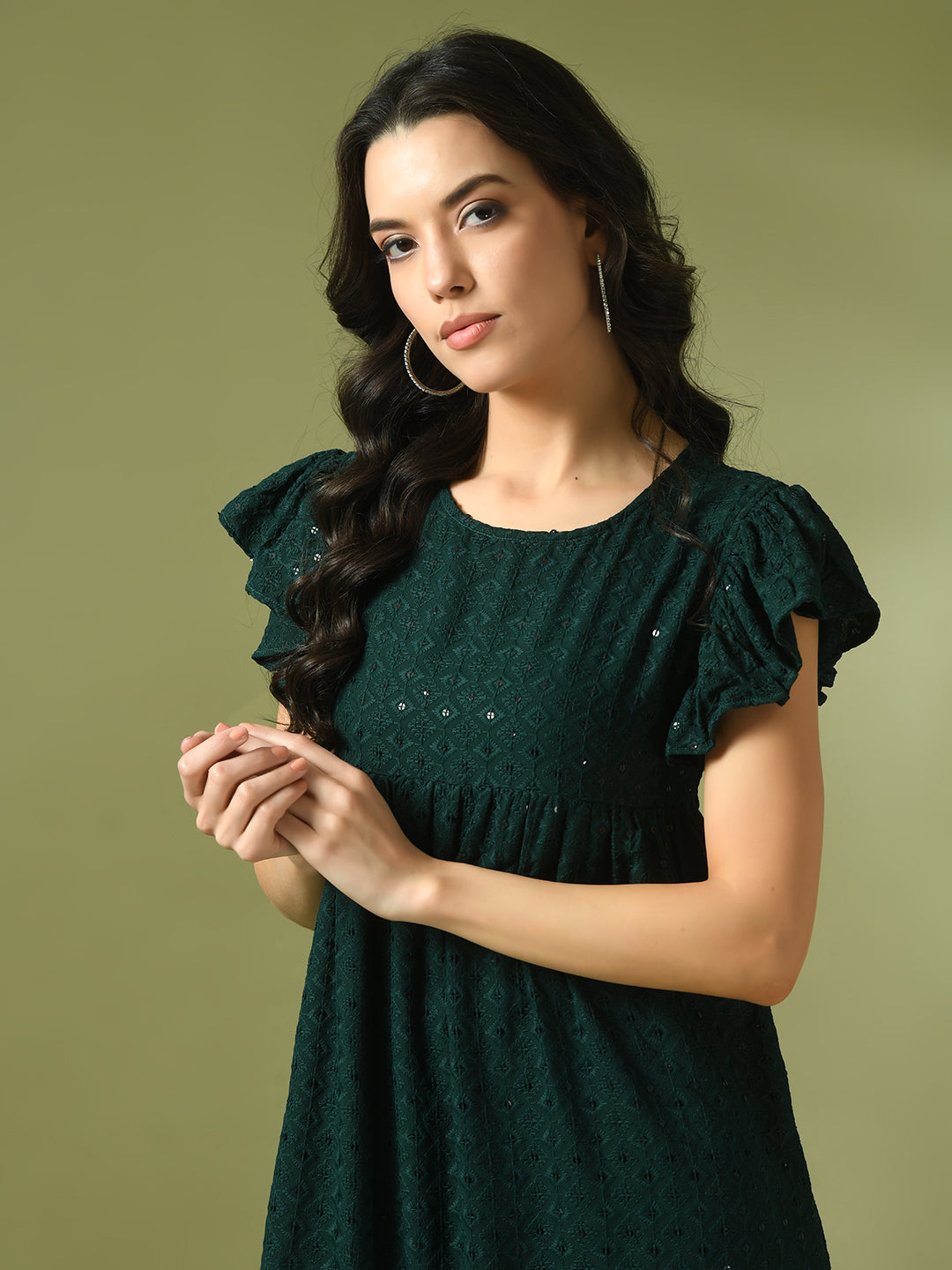Women's  Green Embroidered Cotton Round Neck A-Line Party Dress