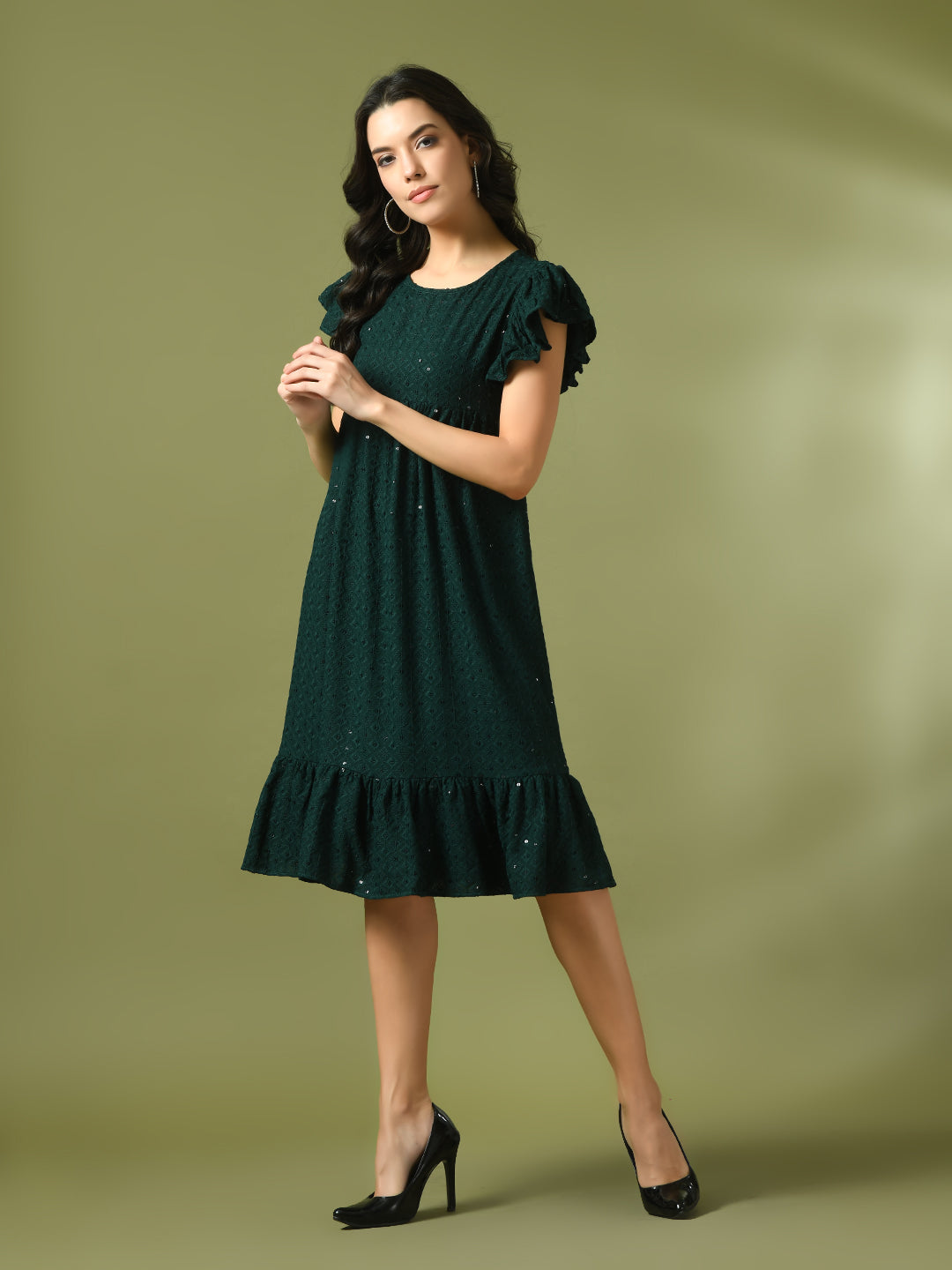 Women's  Green Embroidered Cotton Round Neck A-Line Party Dress