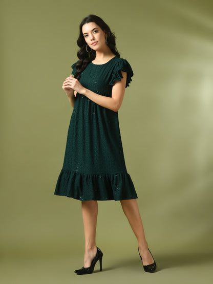 Women's  Green Embroidered Cotton Round Neck A-Line Party Dress