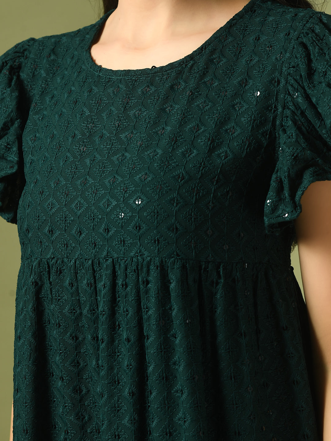 Women's  Green Embroidered Cotton Round Neck A-Line Party Dress