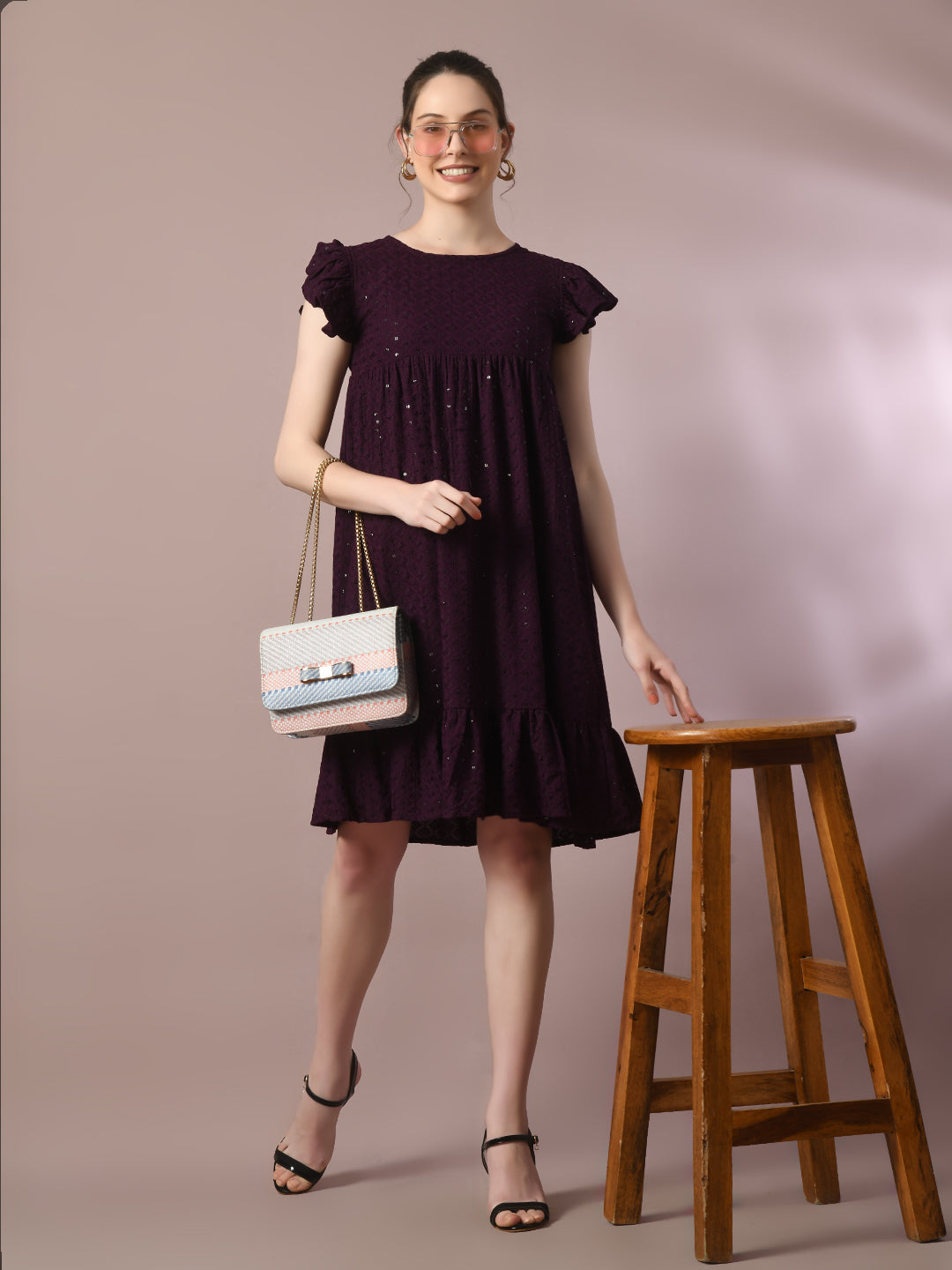 Women's  Violet Embroidered Cotton Round Neck A-Line Party Dress