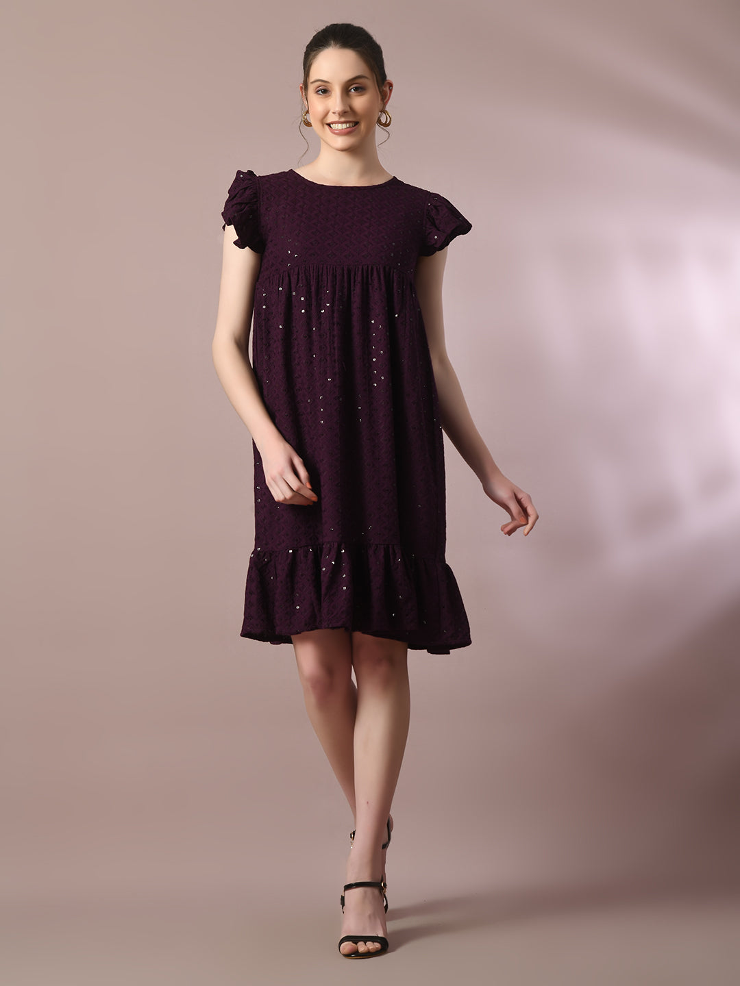 Women's  Violet Embroidered Cotton Round Neck A-Line Party Dress