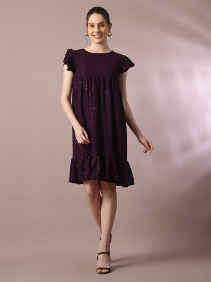 Women's  Violet Embroidered Cotton Round Neck A-Line Party Dress