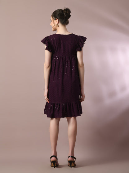 Women's  Violet Embroidered Cotton Round Neck A-Line Party Dress