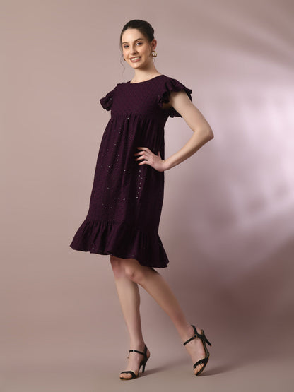 Women's  Violet Embroidered Cotton Round Neck A-Line Party Dress