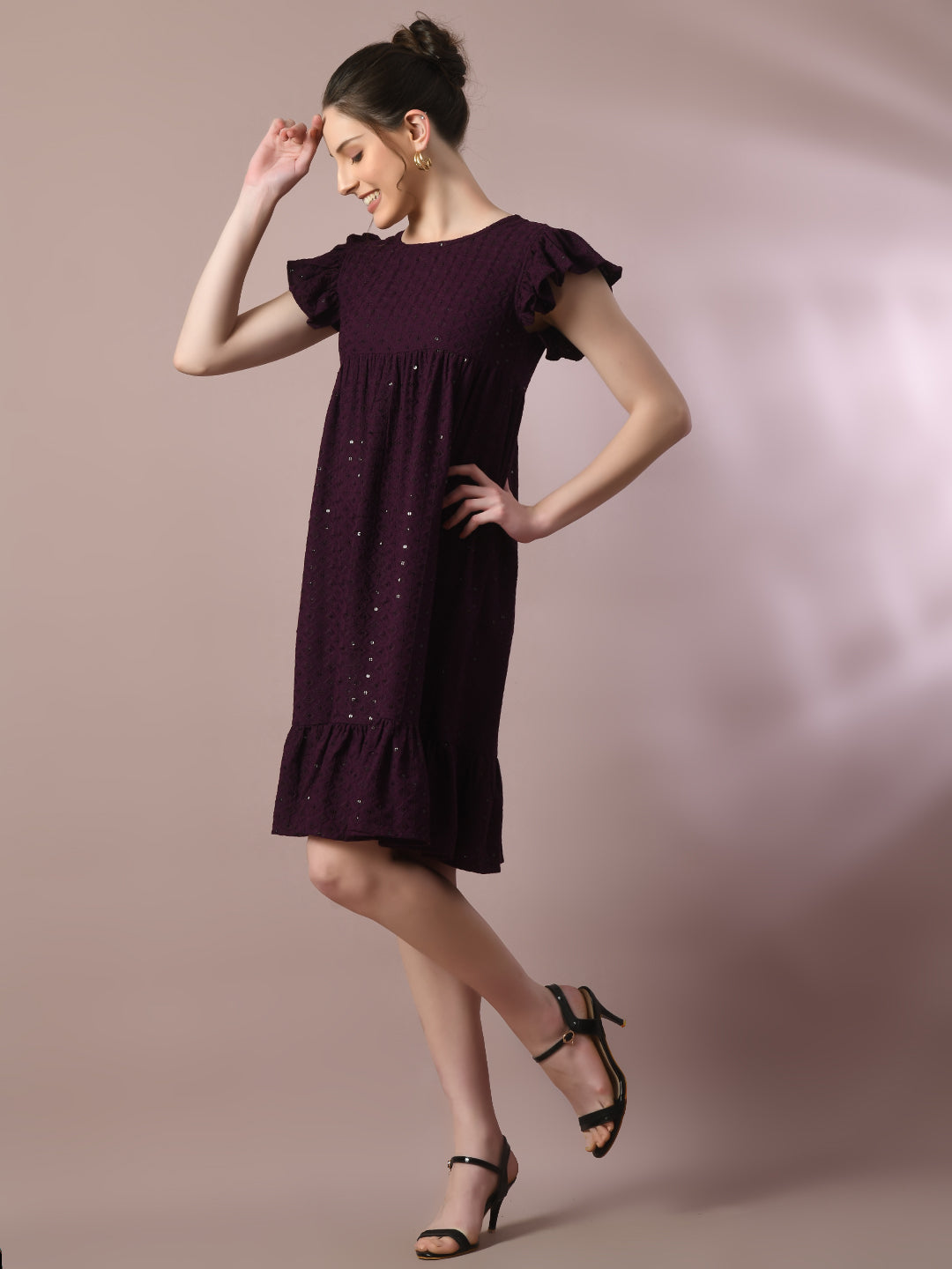 Women's  Violet Embroidered Cotton Round Neck A-Line Party Dress