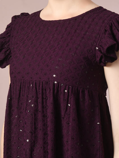 Women's  Violet Embroidered Cotton Round Neck A-Line Party Dress