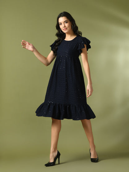 Women's  Navy Blue Embroidered Cotton Round Neck A-Line Party Dress