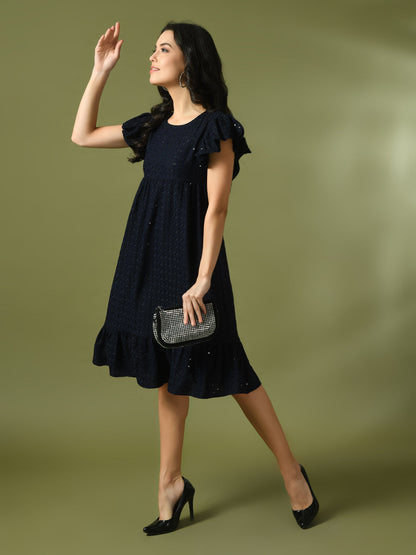 Women's  Navy Blue Embroidered Cotton Round Neck A-Line Party Dress