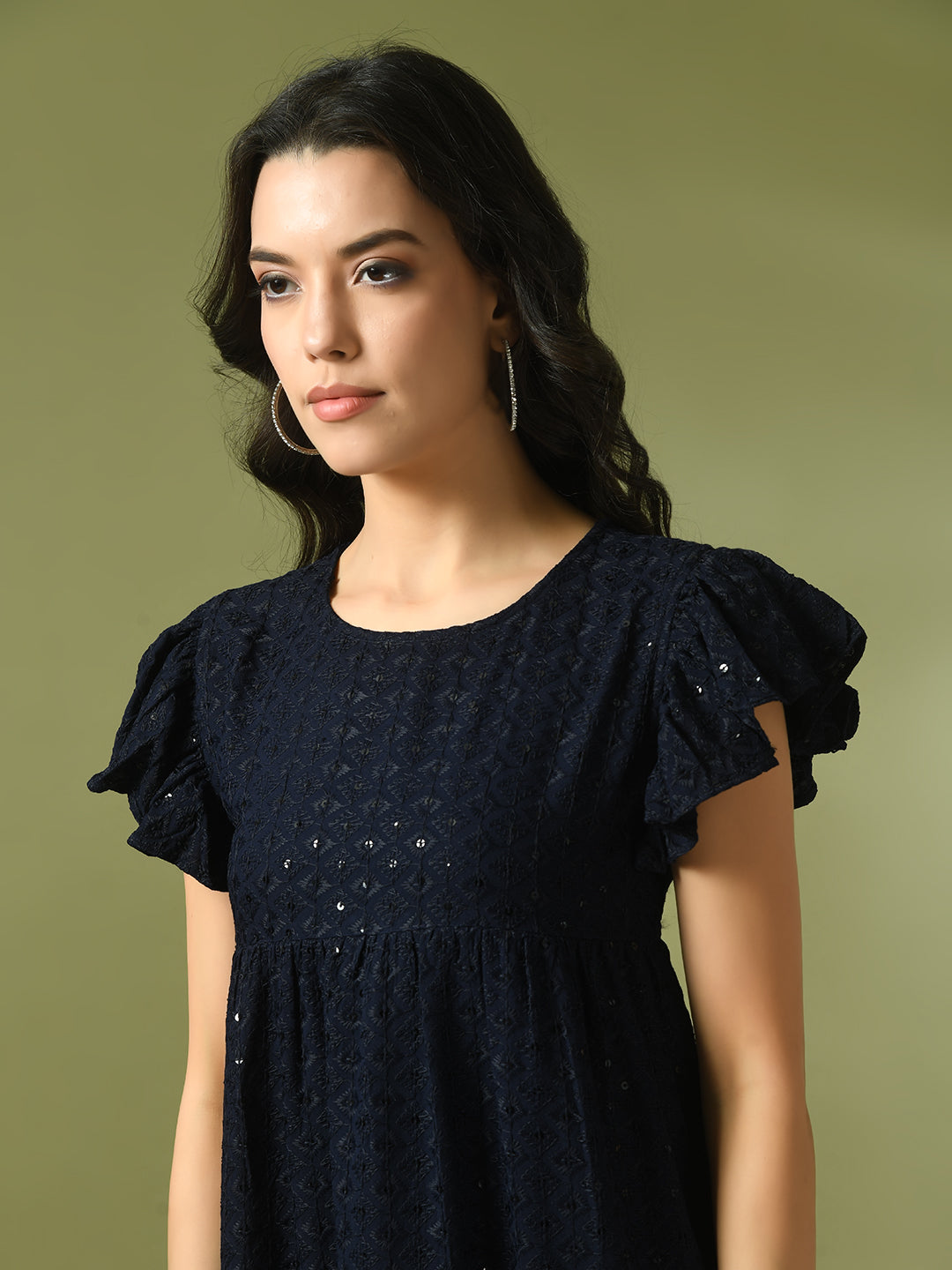 Women's  Navy Blue Embroidered Cotton Round Neck A-Line Party Dress