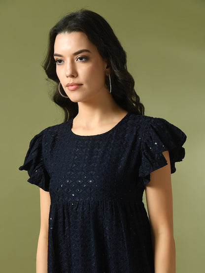 Women's  Navy Blue Embroidered Cotton Round Neck A-Line Party Dress