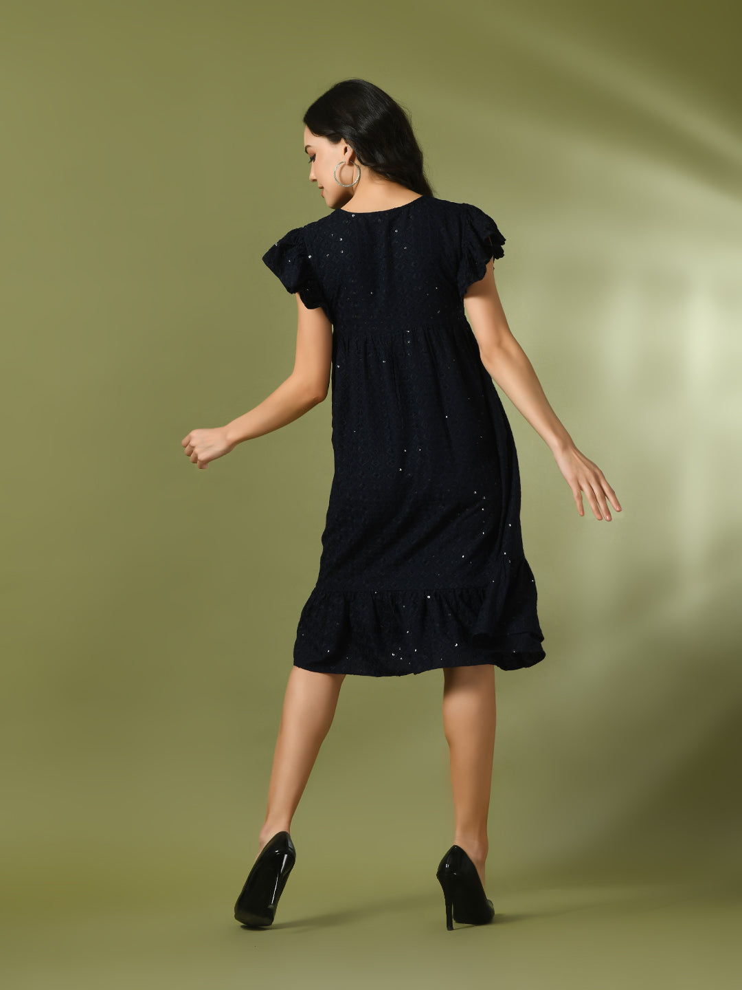 Women's  Navy Blue Embroidered Cotton Round Neck A-Line Party Dress
