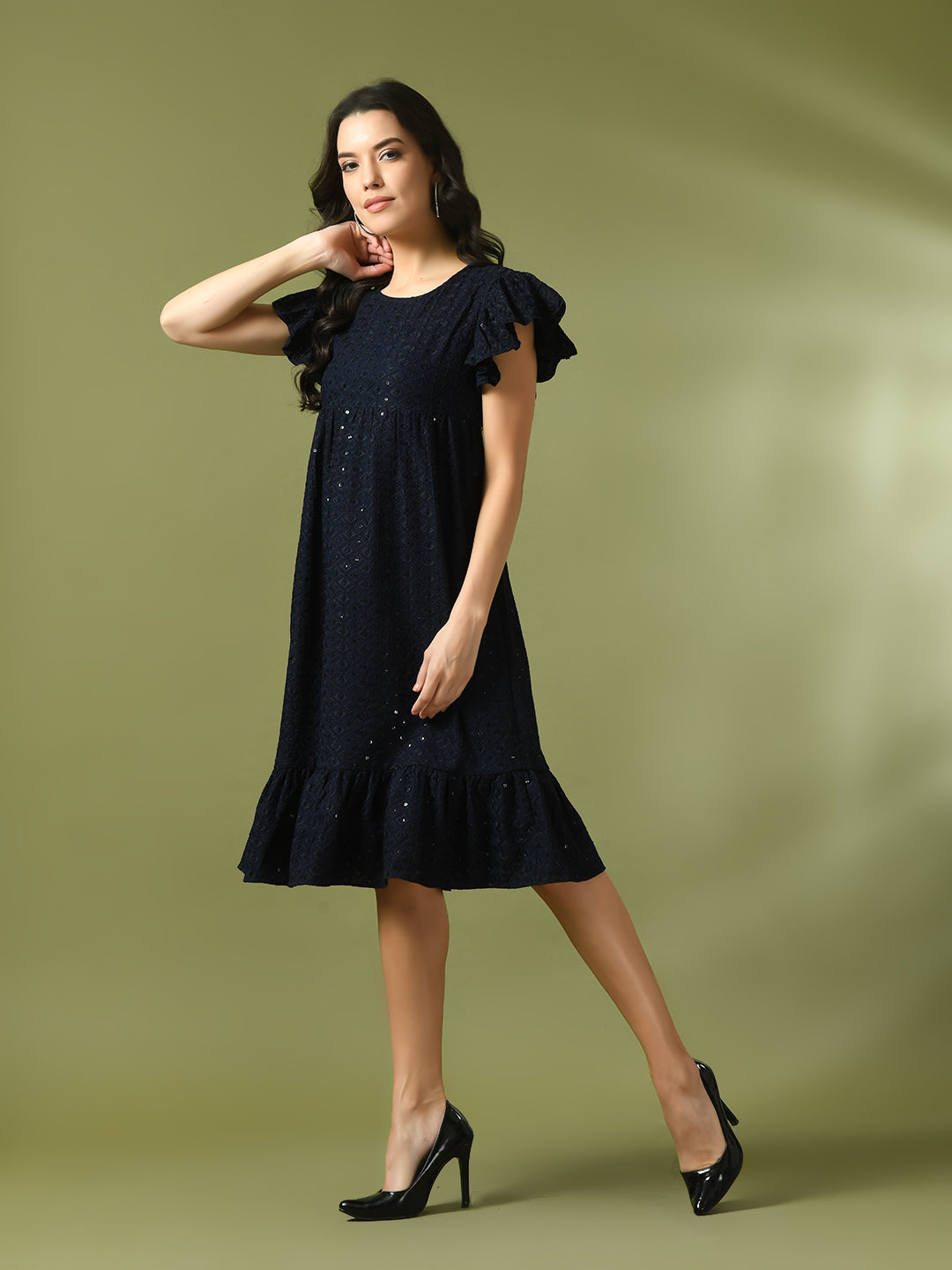 Women's  Navy Blue Embroidered Cotton Round Neck A-Line Party Dress