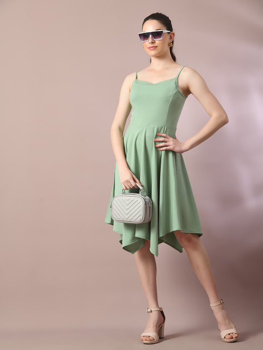 Women's  Sea Green Solid Shoulder Straps Fit And Flare Party Dress