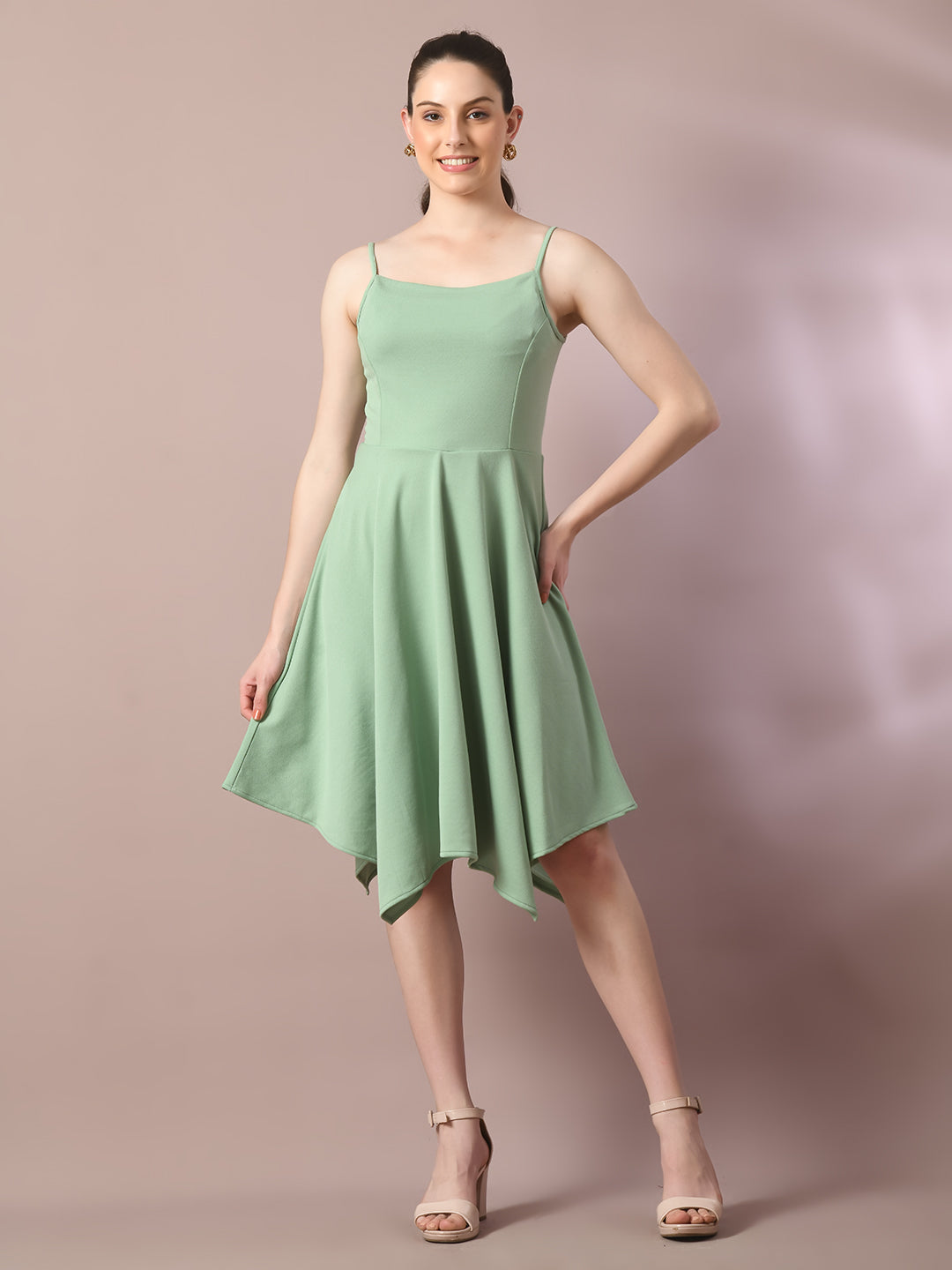 Women's  Sea Green Solid Shoulder Straps Fit And Flare Party Dress