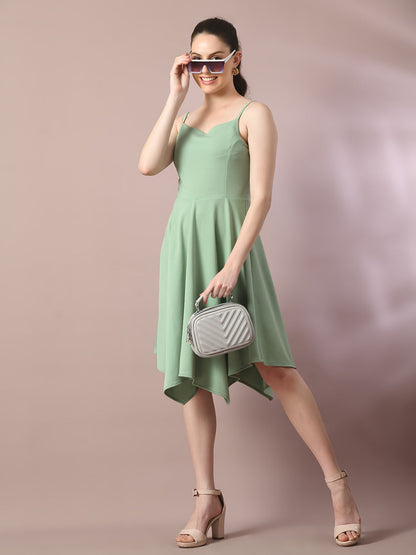 Women's  Sea Green Solid Shoulder Straps Fit And Flare Party Dress