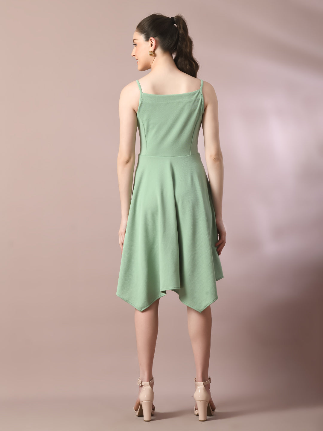 Women's  Sea Green Solid Shoulder Straps Fit And Flare Party Dress