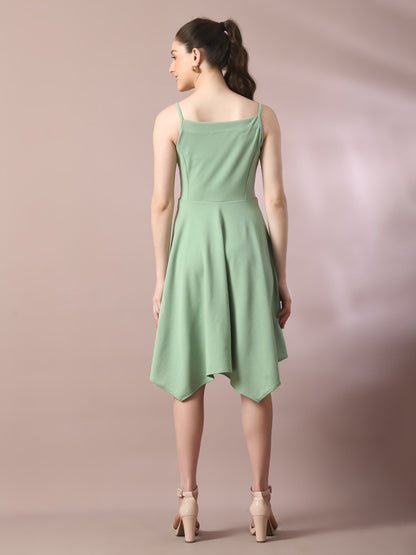 Women's  Sea Green Solid Shoulder Straps Fit And Flare Party Dress
