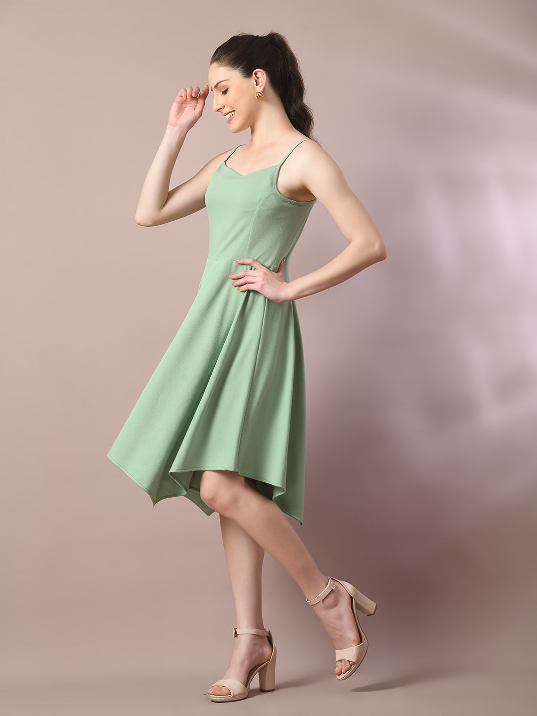 Women's  Sea Green Solid Shoulder Straps Fit And Flare Party Dress